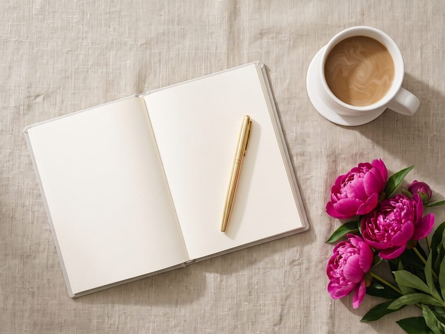 An open planner, a gold pen, a coffee and magenta peonies on linen