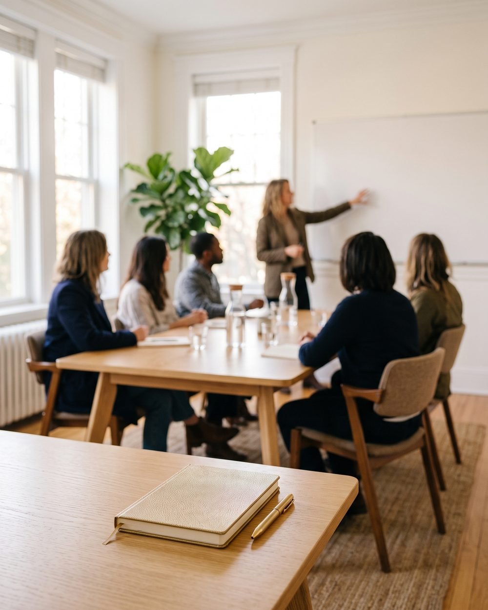 A small cohort of business students around a seminar table while a facilitator writes on the whiteboard, with a gold notebook in the foreground
