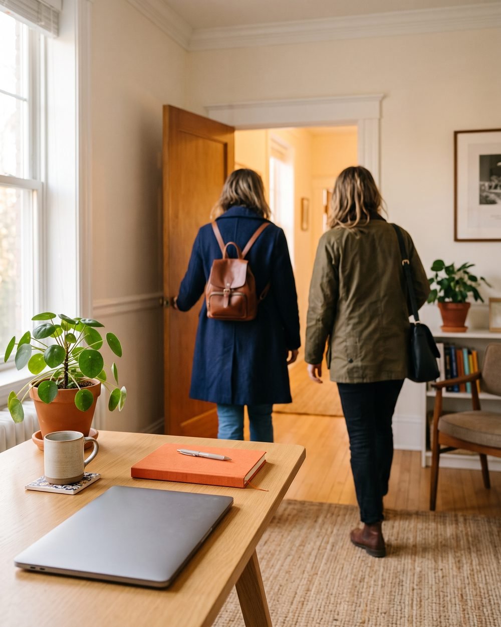 Someone heading out of a bright office on time in late-afternoon light, a closed laptop and an orange notebook left on the desk