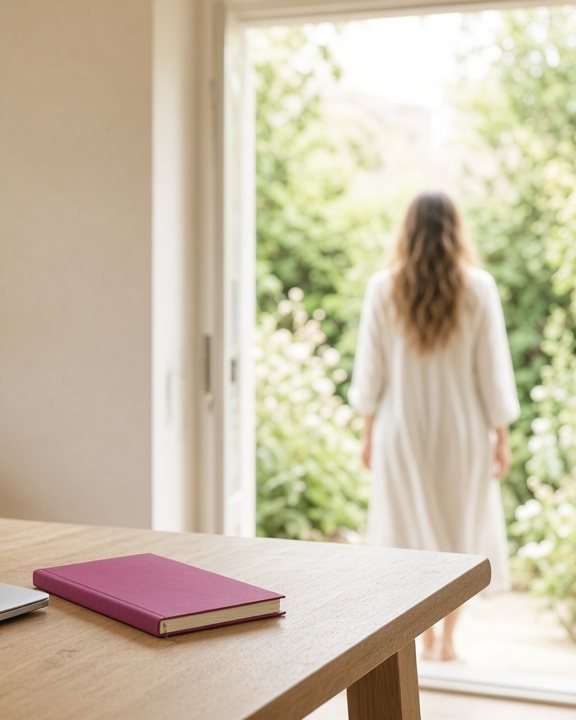 A closed laptop and a magenta notebook on a kitchen table, with a woman stepping out into the garden beyond